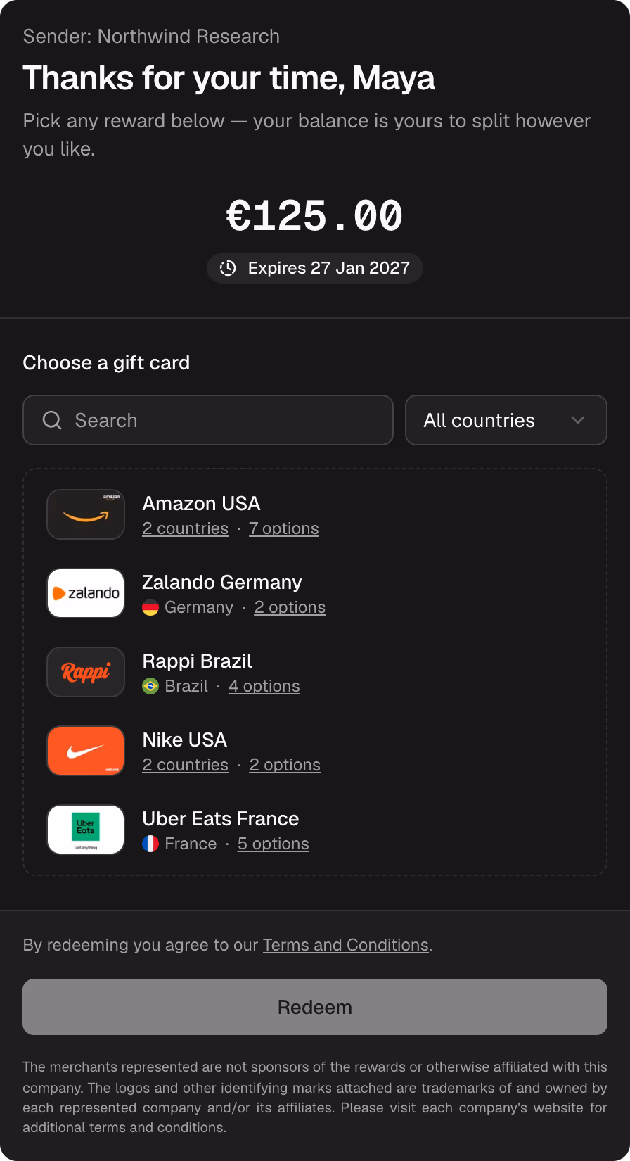 A recipient's redemption page: a €125.00 balance, and gift cards from Amazon, adidas, Airbnb, Apple and ASOS to choose from