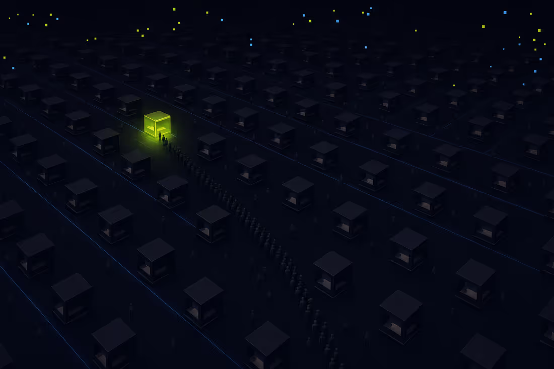 High-angle illustration of a vast dark exhibition hall full of identical dim booths, with a single lime-glowing booth drawing a long queue of tiny visitors