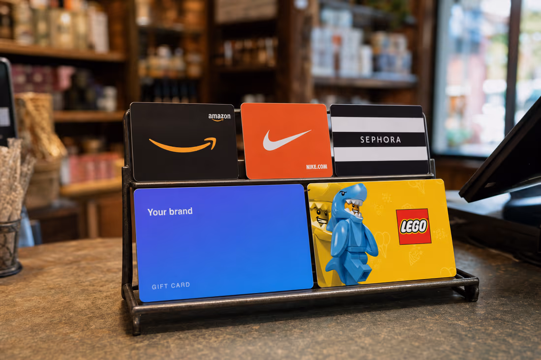 A shop counter with a gift card stand holding branded cards upright, and one slot conspicuously empty