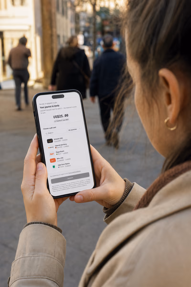 A woman on a city street looking at her phone, which shows the GIFQ redemption page with a €125.00 balance and gift cards to choose from