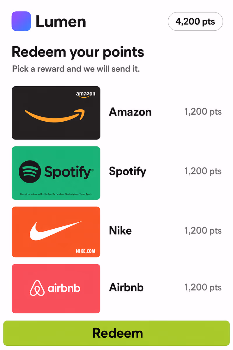 A rewards screen in a host app showing a points balance and Amazon, Spotify, Nike and Airbnb gift cards with their points costs