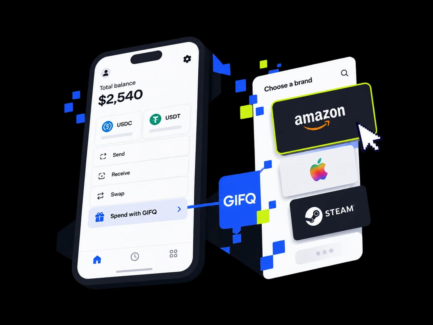 Una billetera cripto con saldos en USDC y USDT ofrece un catálogo de tarjetas de regalo, con Amazon seleccionado junto a Apple y Steam.