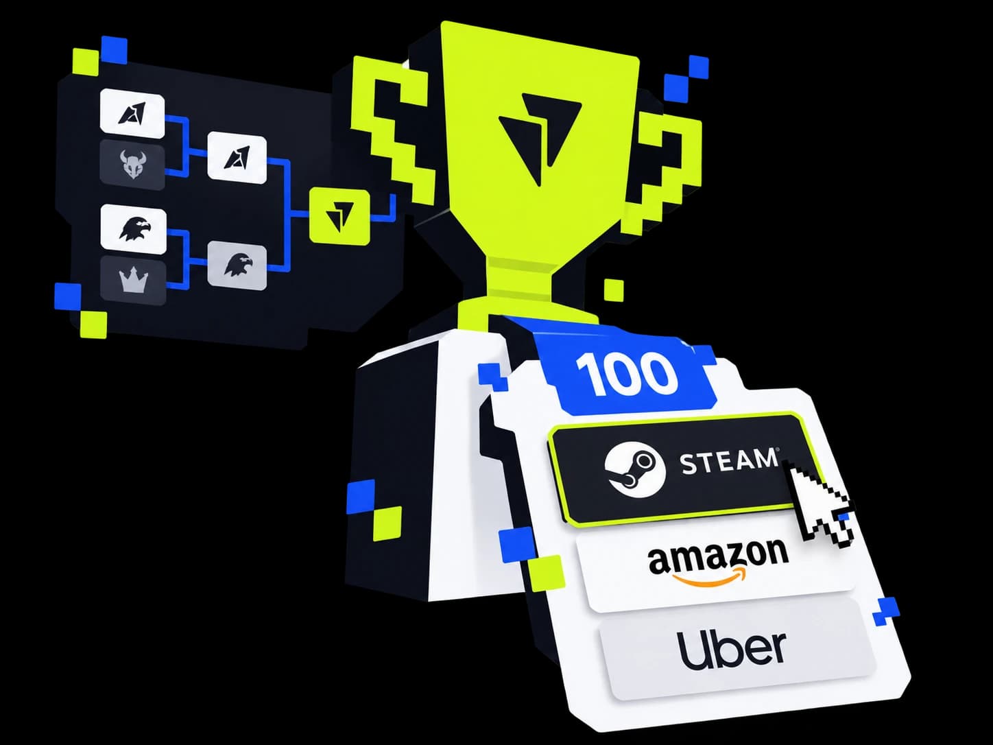 A tournament bracket and trophy lead to a prize balance of 100 and a gift card choice, with Steam selected.
