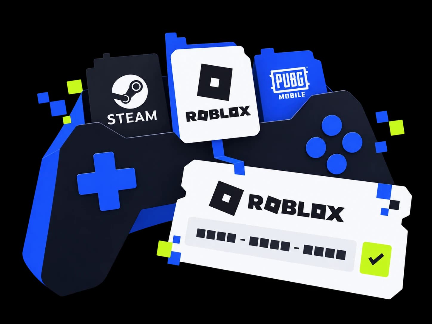 Un mando de videojuegos contiene productos de Steam, Roblox y PUBG. El producto de Roblox seleccionado da paso a un código digital entregado.