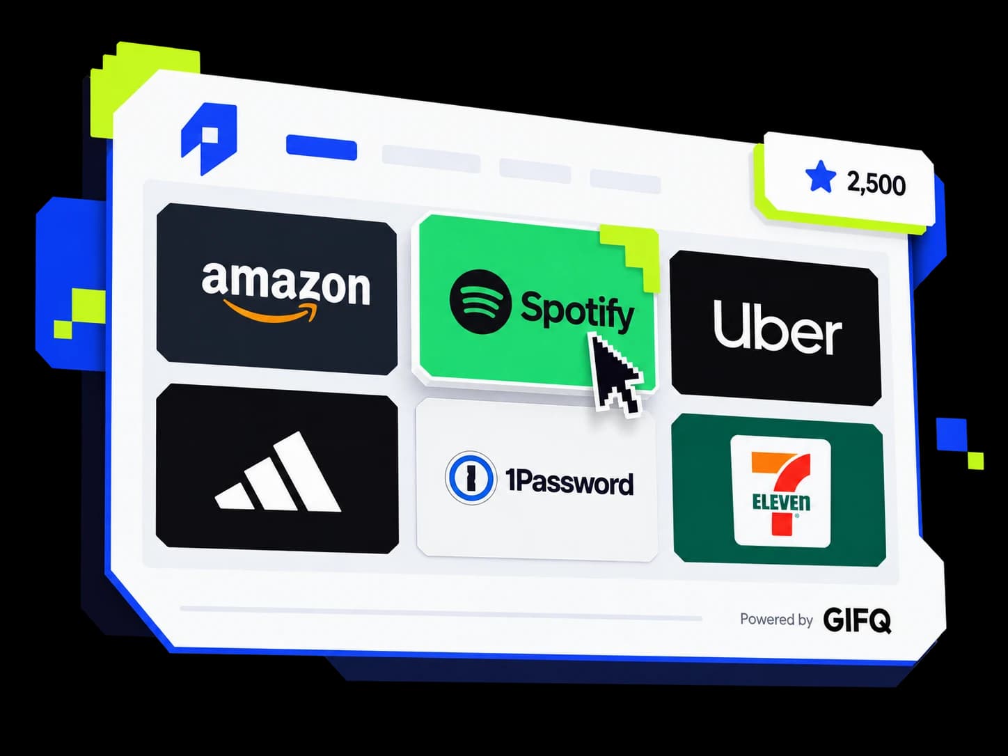 Una tienda de recompensas con marca propia muestra un saldo de puntos y un catálogo de tarjetas de regalo. Un cursor de píxeles elige Spotify.