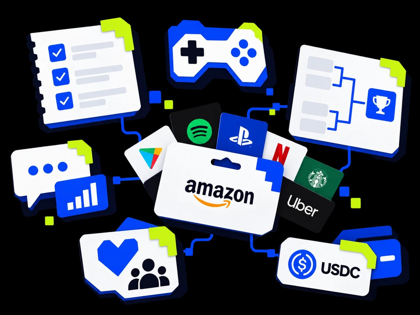 Las tarjetas de regalo están en el centro de un conjunto de recompensas, rodeadas de símbolos de tareas, videojuegos, investigación, comunidades y cripto.
