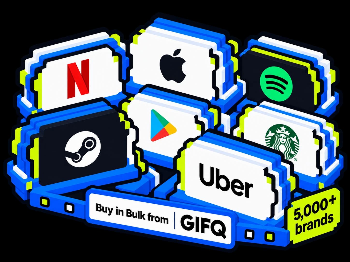 Pilas de tarjetas de regalo de Netflix, Apple, Spotify, Steam, Google Play, Starbucks y Uber ilustran la compra de tarjetas digitales al por mayor en GIFQ.